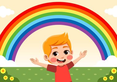 Gökkuşağı gören mutlu bir çocuğun çizimi