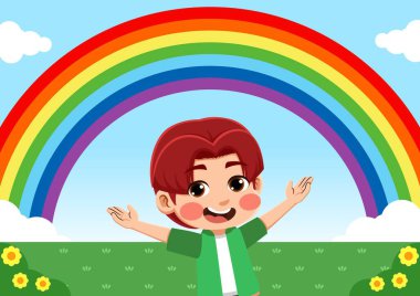 Gökkuşağı gören mutlu bir çocuğun çizimi