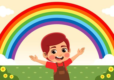 Gökkuşağı gören mutlu bir çocuğun çizimi