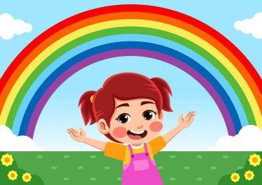 Gökkuşağı gören mutlu bir çocuğun çizimi