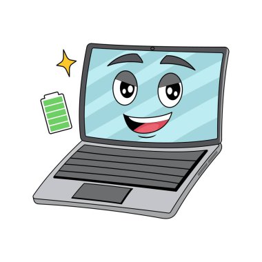 Çeşitli ifadelerle dizüstü bilgisayarın karikatür çizimi
