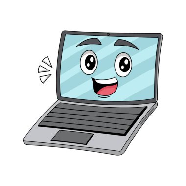 Çeşitli ifadelerle dizüstü bilgisayarın karikatür çizimi