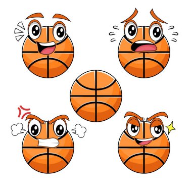 Çeşitli ifadeleri olan basketbol spor çizgi filmi