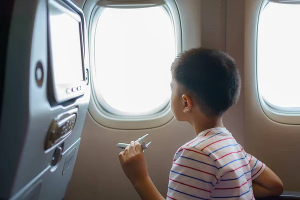 Asian Children Look Aerial View Sky Clouds Plane Window While — Stock Photo, Image