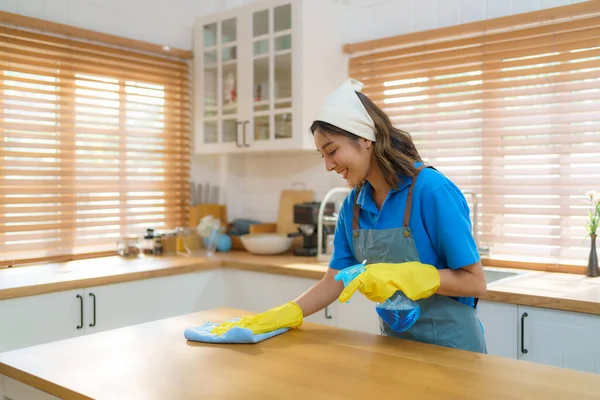 stock image Skillful Asian housewife effortlessly utilizes a tablecloth and sprayer in her kitchen, demonstrating her expertise in creating a clean and inviting space for her family to enjoy.