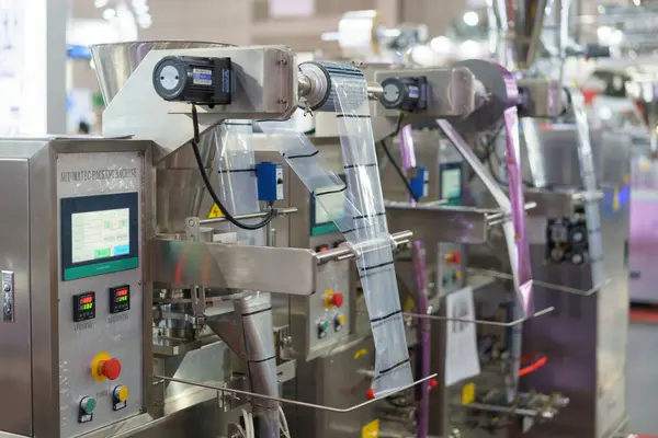 An advanced automatic packaging machine operates with precision, featuring a film roll and touch screen control panel, essential for modern high-speed production lines