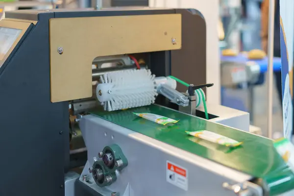 Close-up image capturing an automated packaging machine in operation, sealing snack packets on a green conveyor belt, with mechanical components in view