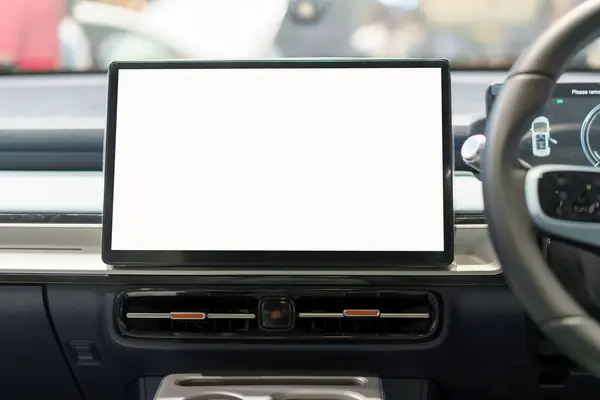 現代車の洗練されたダッシュボードを愛する当社のホワイトモックアップデジタルディスプレイ画面で自動車技術の未来を体験してください ストックフォト