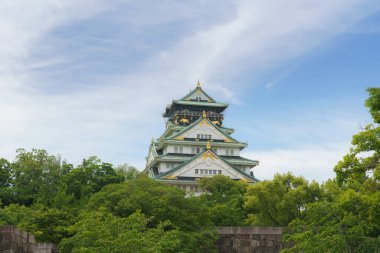 Japonya 'daki yemyeşil ağaçlar ve yeşillikler çerçeveli güzel, geleneksel Japon osaka kalesi.