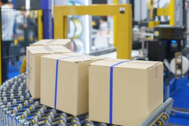 Makine karton kutuları otomatik olarak kapatmak ve kapatmak için bant kullanıyor gibi görünüyor