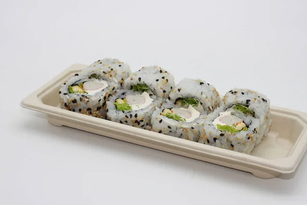 Sushi Zásobník Bílém Pozadí — Stock fotografie