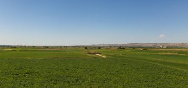 Salillas de Jalon, Zaradoza, İspanya, 19 Nisan 2023: İspanya 'nın Zaragoza ilindeki tarım ve kırsal alan manzarası.