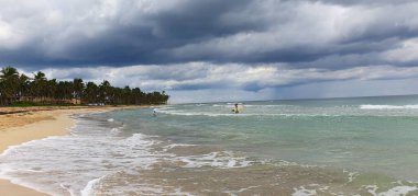 Punta Cana Dominik Cumhuriyeti 'nde hindistan cevizi ağaçları olan sahil manzarası.