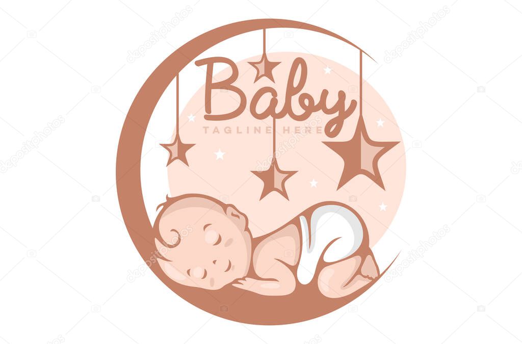 Modern logo cute baby sleeping on the moon. Vector illustration.