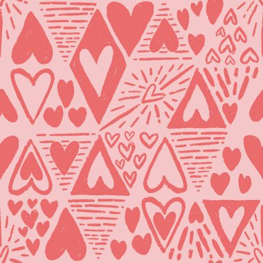 Elle çizilmiş kalpler, vektörsüz desen çizer. Sevgililer Günü illüstrasyonu. Pembe ve kırmızı arka plan. Paket kağıdı, ambalaj kağıdı, duvar kağıdı, kırtasiye malzemesi ve daha fazlası için harika..