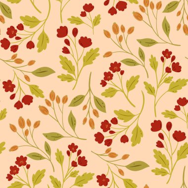 Vektör Yaprakları ve Çiçekler sessiz sonbahar renklerinde, pürüzsüz desenli. Kumaş, kırtasiye ve duvar kağıtları için harika..