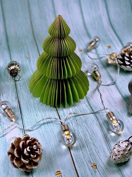 Flat Lay Christmas Tree Decorations Christmas Background Wooden Desk Christmas — Stock Photo, Image