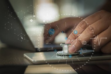 Medical technology network Medicine doctor and stethoscope and modern digital tablet laptop computer