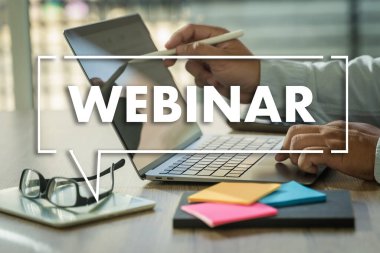 Webinar, Hands-on Table Use E-business Connection on Computer, Man Working From Home Participating in Online Group Communication WEBINAR