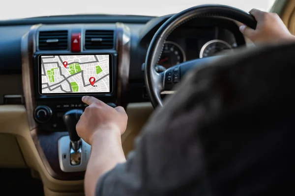 Man Makes Use Gps Internet Online Map Car Controls Navigator — 图库照片