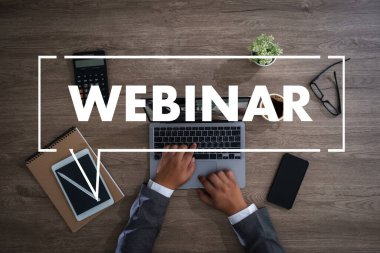 Webinar, Hands-on Table Use E-business Connection on Computer, Man Working From Home Participating in Online Group Communication WEBINAR