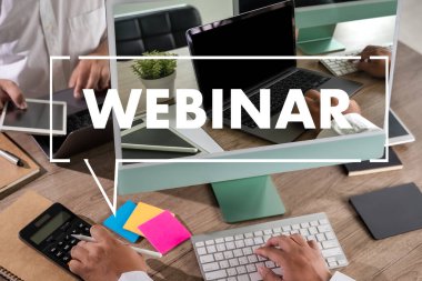 Webinar, Hands-on Table Use E-business Connection on Computer, Man Working From Home Participating in Online Group Communication WEBINAR