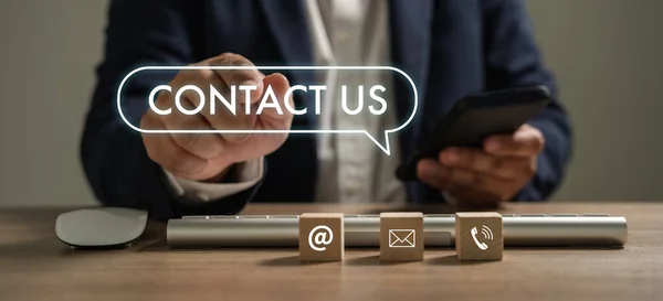 Kontakt Uns Customer Support Hotline People Connect Telefonanwendung Blauer Hintergrund — Stockfoto
