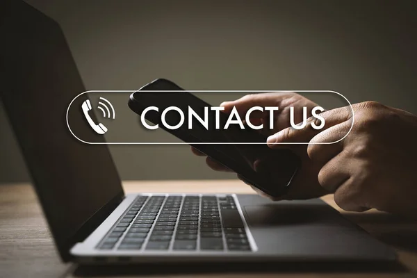 Contact Müşteri Destek Hattı Insanları Bağlantı Telefon Uygulaması Mavi Arkaplan — Stok fotoğraf