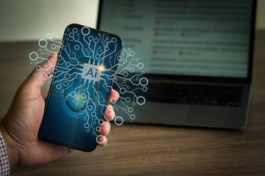 Yapay Zeka (AI) İşadamı el bilgisayarı büyük veri ağı bağlantısı İnternet Teknolojisi
