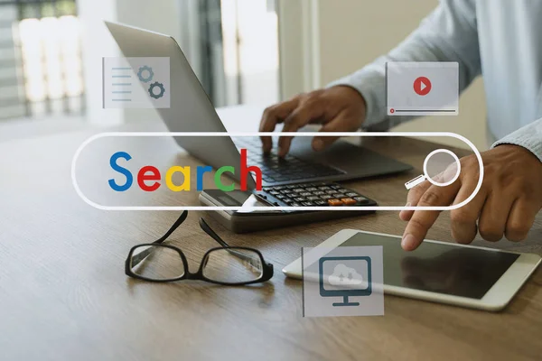 Man Search Job Laptop Computer Device Online Browse Internet Webpage — Foto Stock