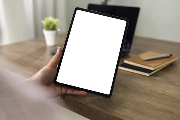 Man Holding Digital Tablet Touch White Screen Device Isolated Screen — Foto Stock