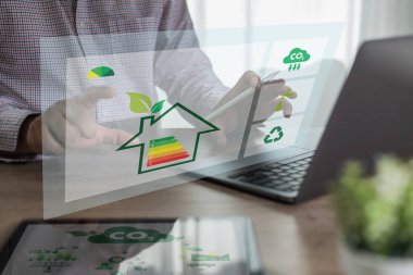 Enerji verimliliği mobil uygulaması ekran adamı enerji tasarrufu diyagramı maliyet hesaplayıcısı para endüstrisi bilgisayar kavramı ekolojisi sürdürülebilir