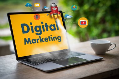 Digital Marketing Network Datum Businessman team hands at work with financial reports and a laptop cyberspace global marketing success analysis Business technology: Digital transformation concept