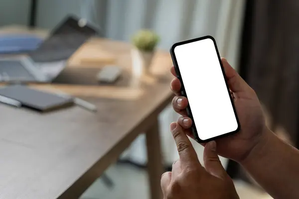 Κορυφαία Προβολή Mockup Χέρι Εικόνα Χρησιμοποιώντας Ένα Smartphone Άνθρωπος Κρατώντας Εικόνα Αρχείου