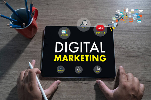 Comercialización Digital Base Datos Creativa Del Espacio Trabajo Para Financiación — Foto de Stock