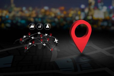 Küresel lojistik ve eş zamanlı nakliye takibi konsepti. Görüntü kırmızı bir GPS pimi, dünya haritası üzerinde uçan uçaklar ve ulaşım için simgeler gösteriyor.