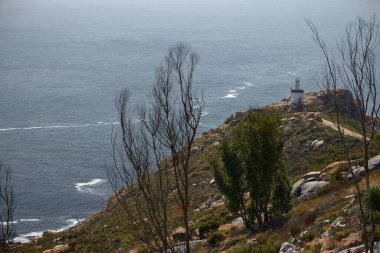 Deniz feneri. Ces Adaları (İspanya), 27 Ağustos 2024. Ces Takımadaları 'nın en büyük adalarından biri olan deniz fenerlerinden biri uçurumlarda yer almaktadır. Ces, Galiçya 'nın Atlantik Adaları Parkı' nın bir parçasıdır..