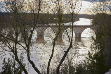 Duero Nehri. Valladolid 'in Tordesillas kasabasındaki Duero Nehri üzerindeki köprü (İspanya))