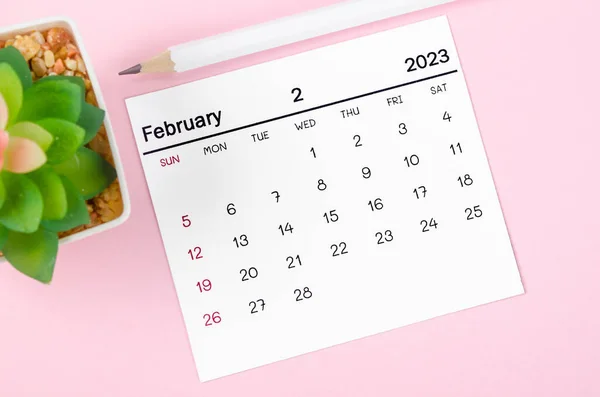 2023 Yılı Şubat Ayının Takvimi Pembe Arka Planda Bir Kalemle — Stok fotoğraf