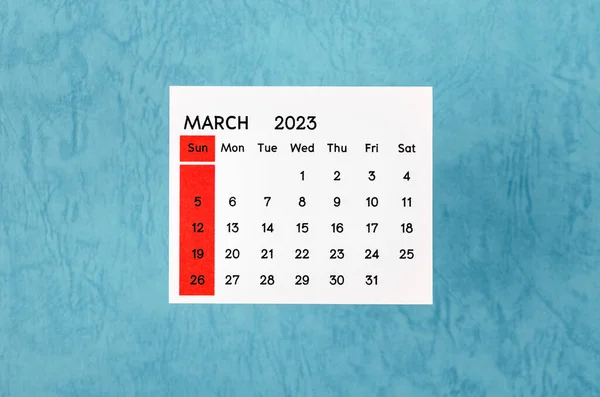 Marzec 2023 Miesięczny Kalendarz 2023 Rok Niebieskim Tle — Zdjęcie stockowe