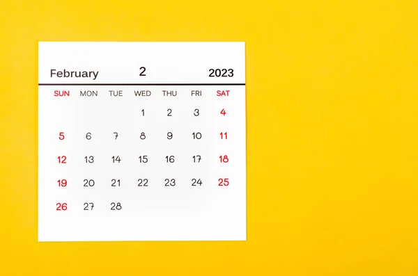 Fevereiro 2023 Calendário Mensal Para 2023 Ano Fundo Amarelo — Fotografia de Stock