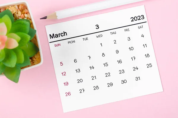 Mars 2023 Månedskalender 2023 Rosa Bakgrunn – stockfoto