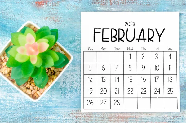 Febbraio 2023 Calendario Mensile Con Vaso Piante Sfondo Legno — Foto Stock