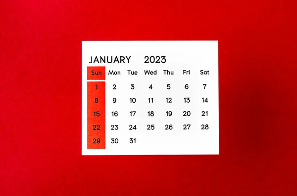 Janeiro 2023 Calendário Mensal Para 2023 Ano Fundo Vermelho — Fotografia de Stock