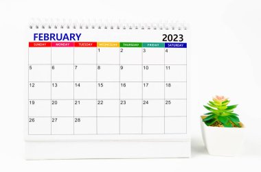 2023 Şubat ayının masa takvimi. Beyaz arka planda bitki örtüsü izole edilmiş..