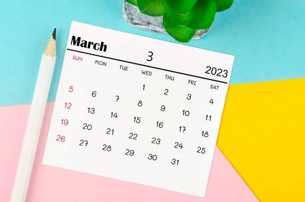Março 2023 Calendário Mensal Para 2023 Ano Com Caneta Sobre — Fotografia de Stock