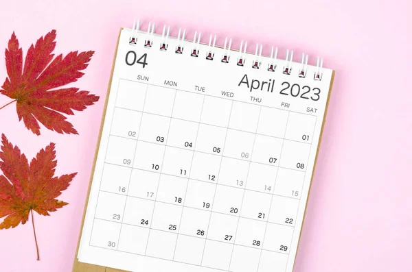2023 Nisan Masa Takvimi Pembe Arka Planda Sonbahar Akçaağaç Yaprağı — Stok fotoğraf