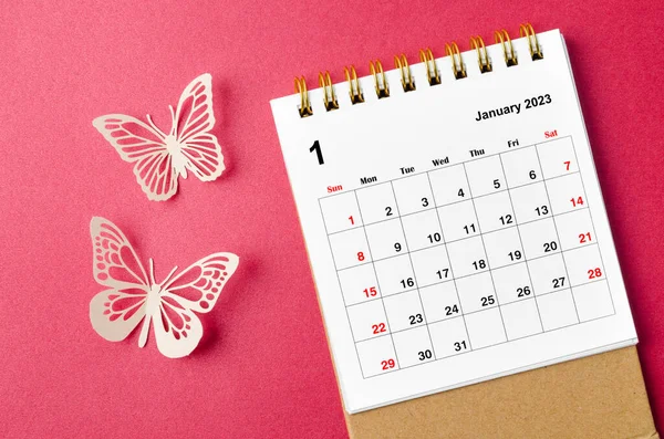 Styczeń 2023 Biurko Kalendarz Dla Organizatora Zaplanować Przypomnieć Paer Motyl — Zdjęcie stockowe