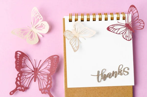 Thanks Text Blank Open Diary Butterfly Pink Colour Background — Stock Photo, Image