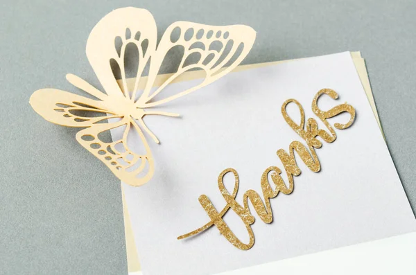 Thanks Text Note Paper Butterfly Grey Background — Stock Photo, Image